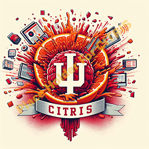CITRIS team logo of an exploded blood orange into segments that have computer equipment and the IU Trident in the middle of the orange